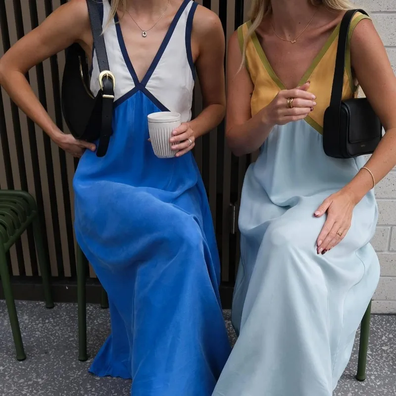 

2024 New Fashion V Neck Sleeveless Color Block Cupro Maxi Dress Summer