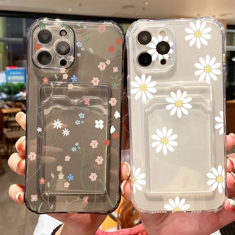 For iPhone 14 Pro Max Case Daisy Flower Clear Phone Case For iPhone 11 12 13 15 16 XS XR X 7 8 Plus Wallet Card Bag Holder Cover