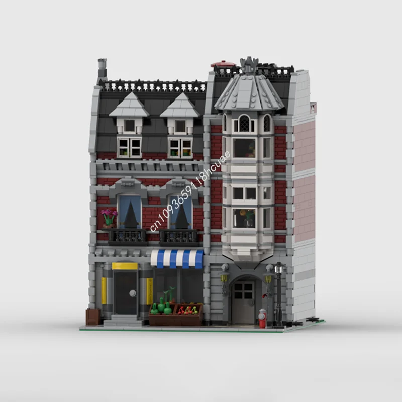 MOC Custom Modular Building Dark Red Green Grocer Street View Model Building Block Diy Creative Assembly Bricks Toys Kid Gift