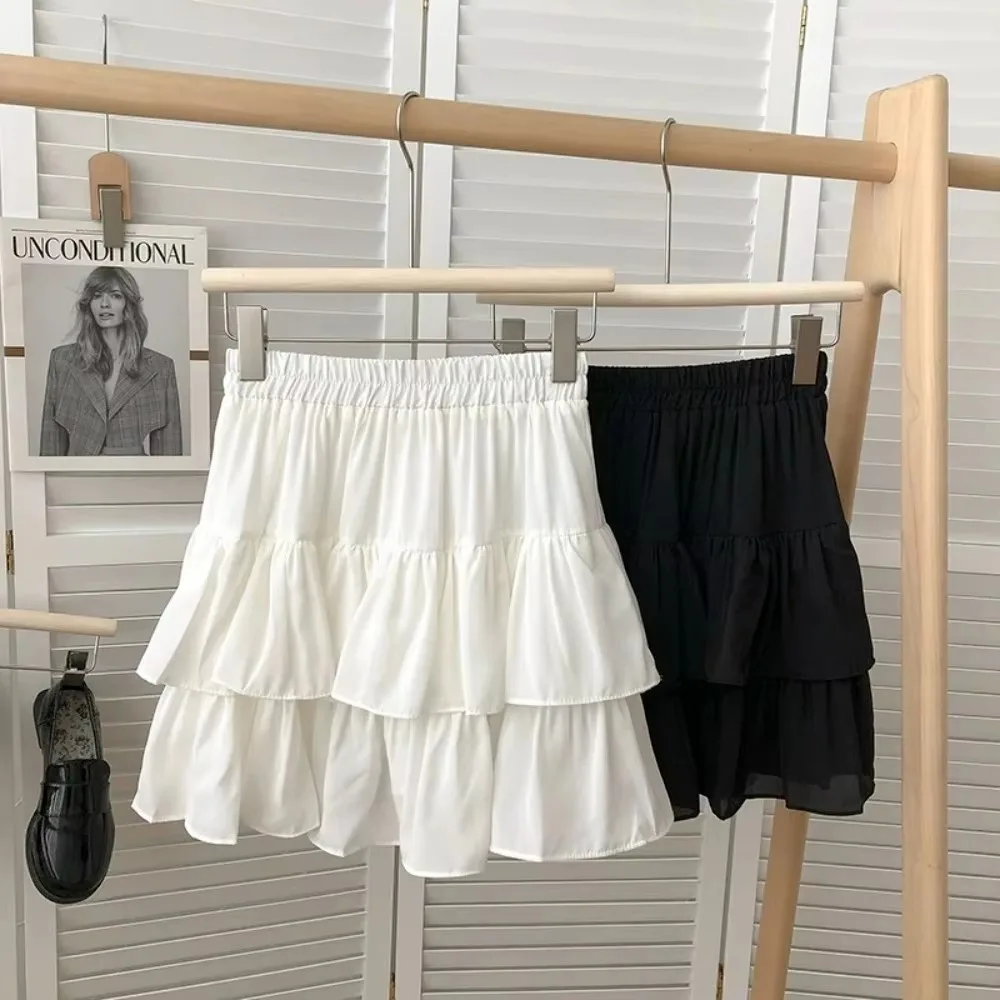 

Sexy Sweet Ruffles Pleated Skirts Women Korean Preppy White High Waist Thin A Line Skirts Ladies Summer Simple Casual Skirt