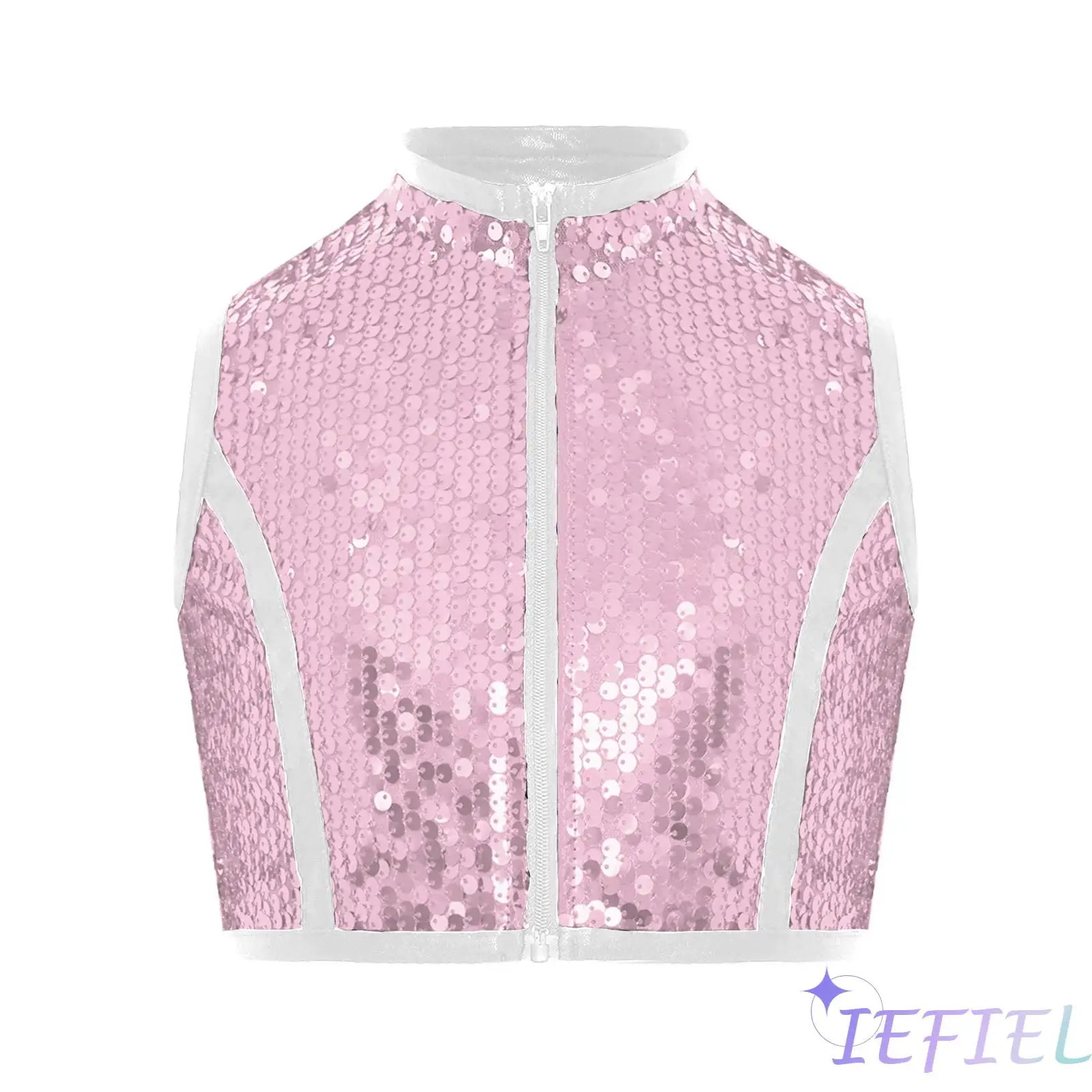 

Girls Sparkling Sequin Dance Vest Sleeveless Contrast Color Trim Zipper Crop Top for Jazz Latin Dance Practice Stage Performance