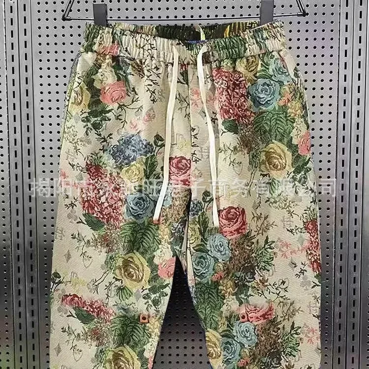 Trendy Brand Unique Men's Fashionable Versatile Casual Pants 2024 New Style American Vintage Rose Printing Hip Hop Style