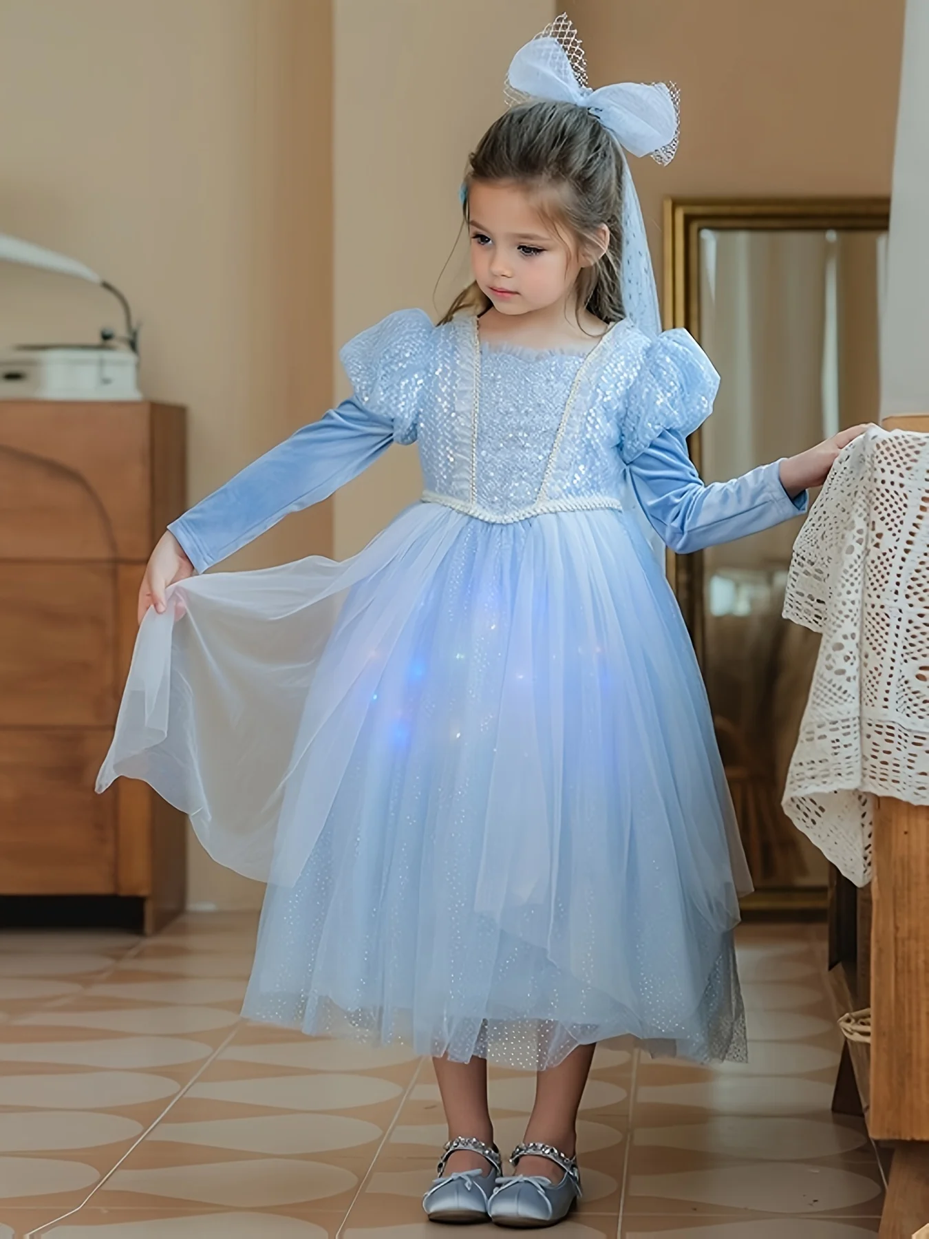 Girls sequined Elsa princess dress long sleeve ballet skirt dress Halloween Christmas gift