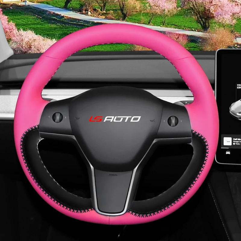 Microfiber Leather Hand Stitched Hot Pink Steering Wheel Cover for Tesla Model 3 S  X Model Y Steering Wheel Cover