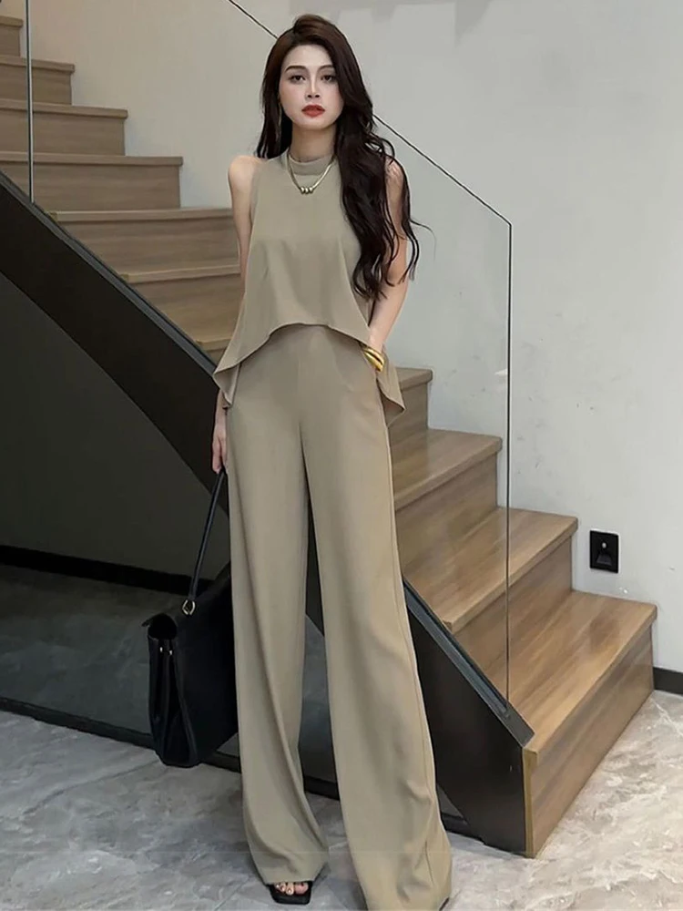 Fashion Casual Two Piece Pant Set For Women Sleeveless Sexy Vest Top + High Waist  Wide Leg Pants Suits Summer 2 Piece Outfit