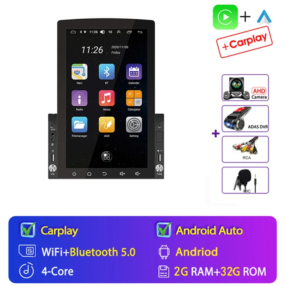 Android 15 Auto Auto Radio Universeel Voor 10.1 inch Voor Tesla Stijl Verticaal Scherm Multimedia Navigatie Carplay 2 Din 4G + WIFI