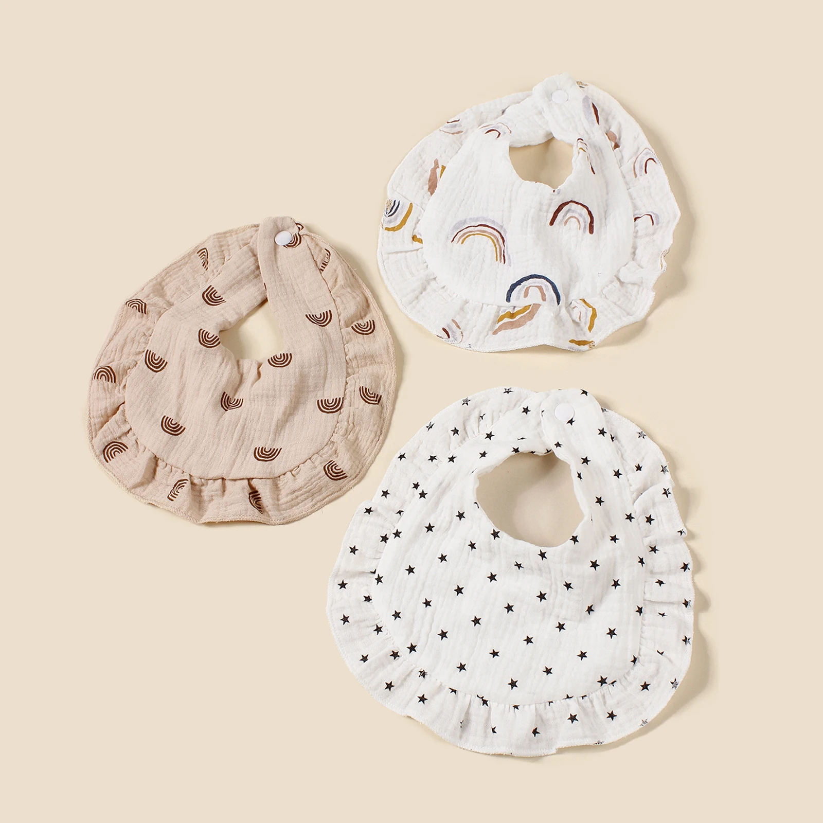 

3 шт./компл., детские нагрудники с принтом, хлопковые двухслойные декоративные рюшами, полотенце для слюны с пуговицей для новорожденных, милая ткань для отрыжки