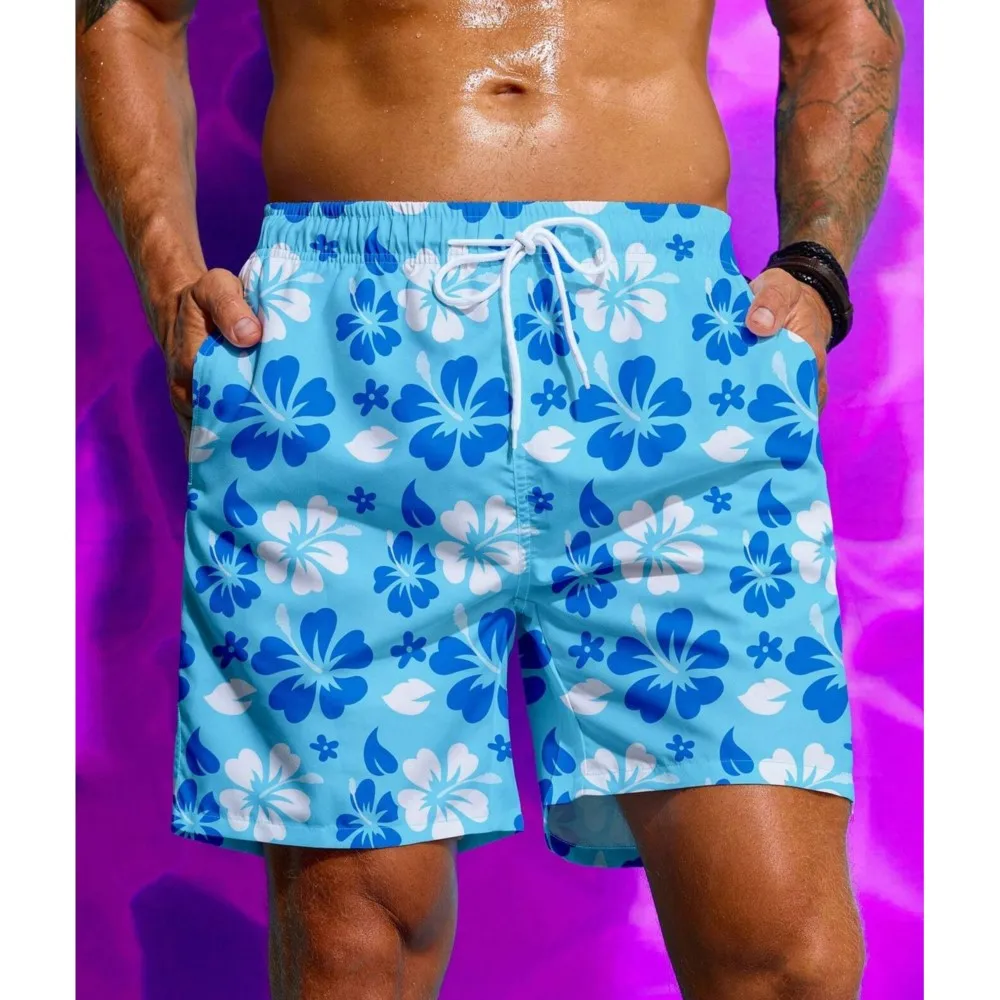 Floral Print Drawstring Men's Beach Short Men's swim Trunks Elastic Waist 3D Print Gradient Breathable Short Streetwear Polyster