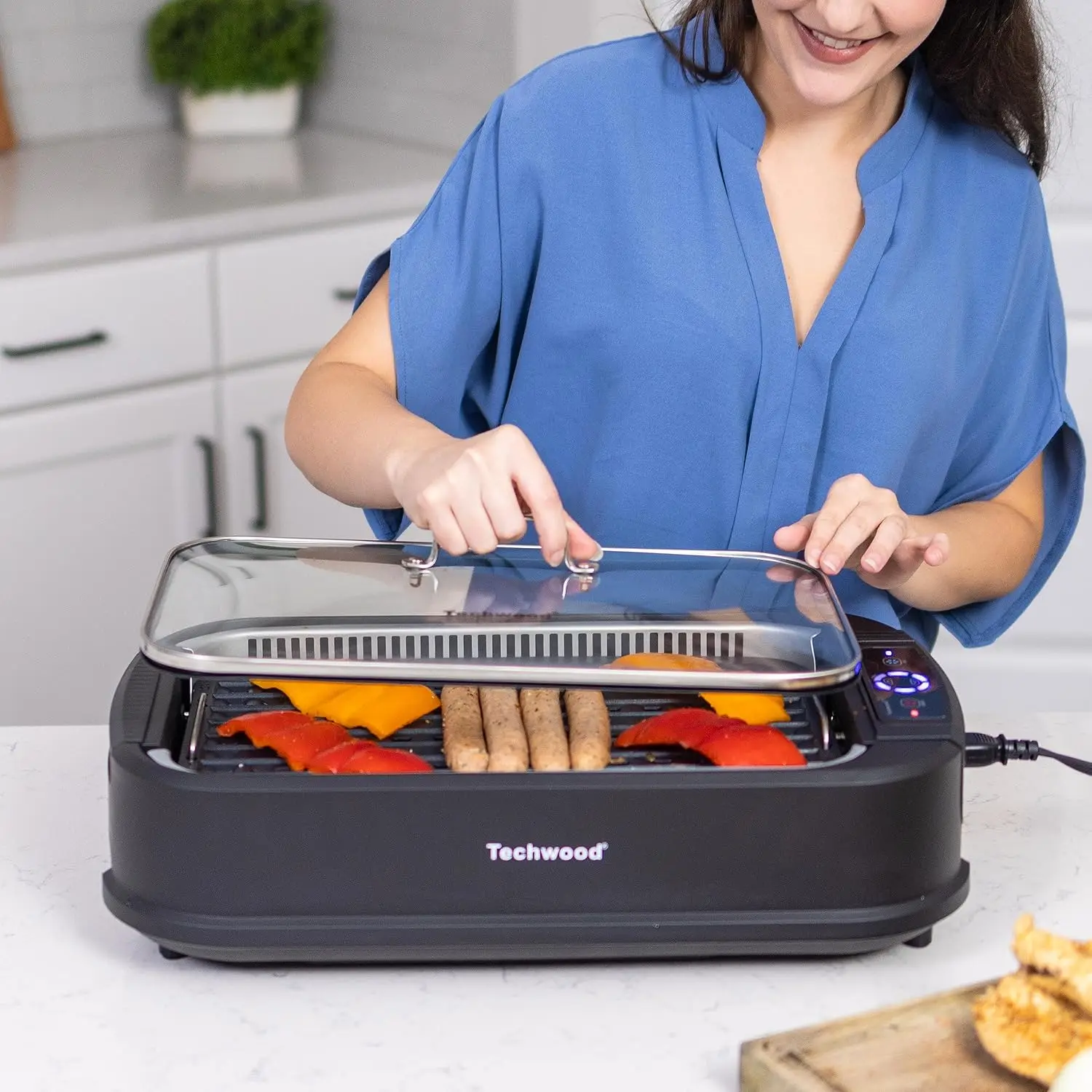 Compact Portable 1500W Smokeless Electric Indoor Grill, Non-Stick BBQ Grill with Tempered Glass Lid, 6-Level