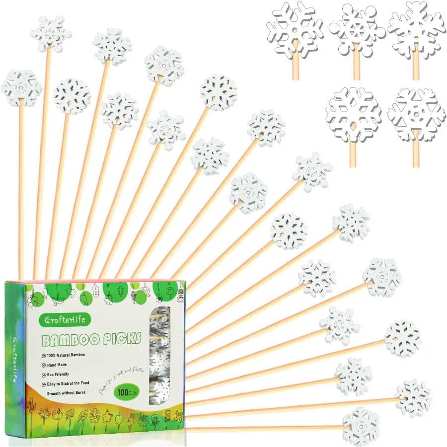 100 Uds., 4,9 ", copos de nieve, selecciones de cóctel, palillos de comida, palitos de fruta, sándwich, aperitivo, tabla de charcutería, brochetas para nieve de invierno