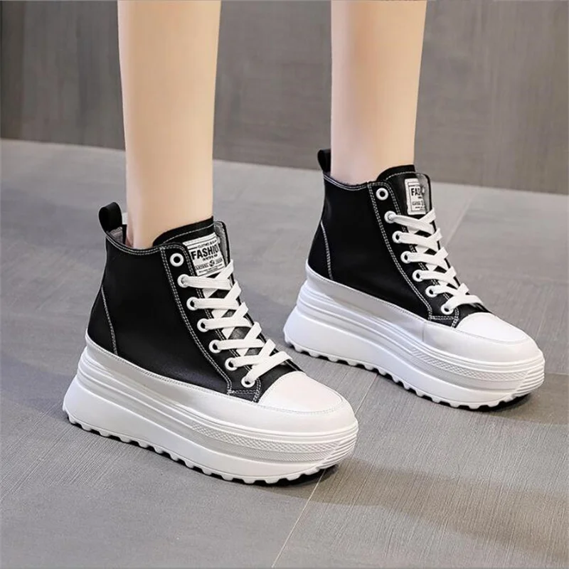 Women Genuine Leather White Breathable New Shoes 7cm Platform Boots Wedge Hidden Heel Spring Autumn Lace-Up Black Shoes Sneakers