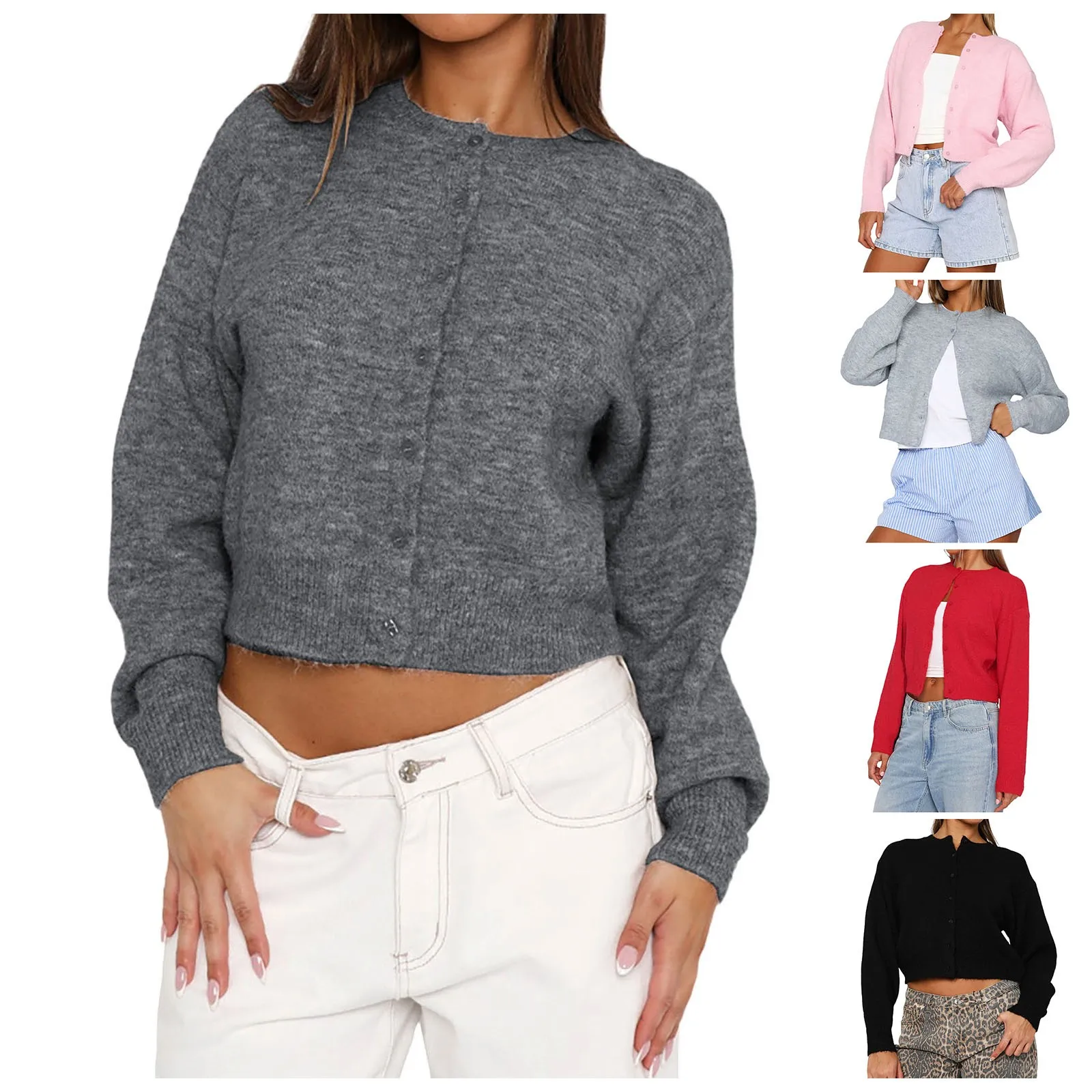 Women\'s Casual Crop Knit Cardigan Y2K Long Sleeve Crewneck Open Front Button Down Cardigan Sweaters Streetwear For Women 2024