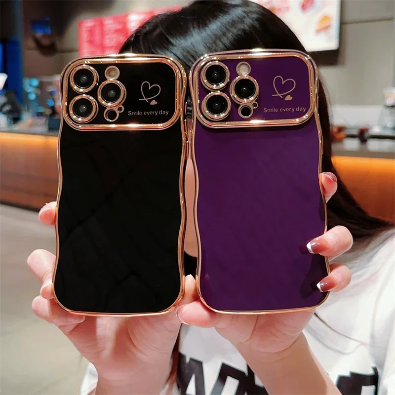 Phone Case For iPhone 16 15 14 13 12 11 Pro Max Plus Chic Cute Love Heart Camera Lens Protect Soft Shockproof Plating Wave Cover