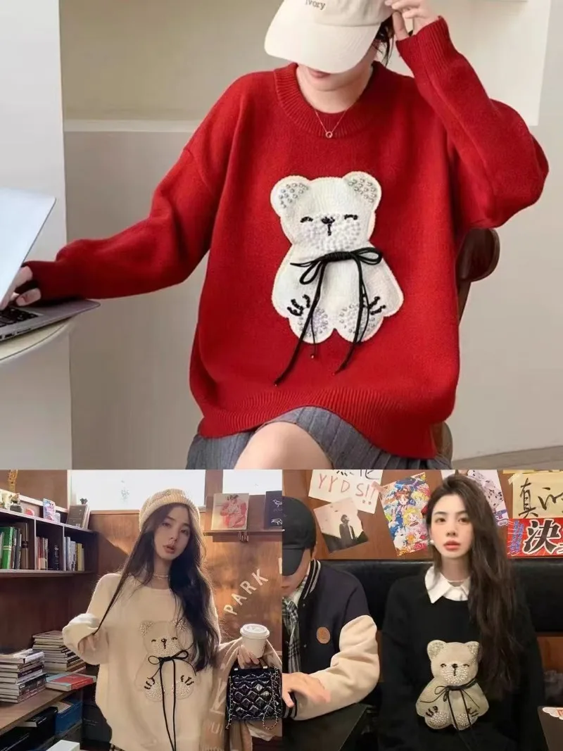 Cartoon Bear Bow Cute Knitted Sweater Women Pullover Long Sleeve O Neck High Street Korean Fashion Jumpers Autumn Winter Y2k Top