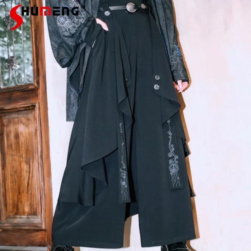 

Fashion Design Trousers Double-layer Irregular Black Wide-leg Pants Women's Chinese Embroidered Streamer National Style Culottes