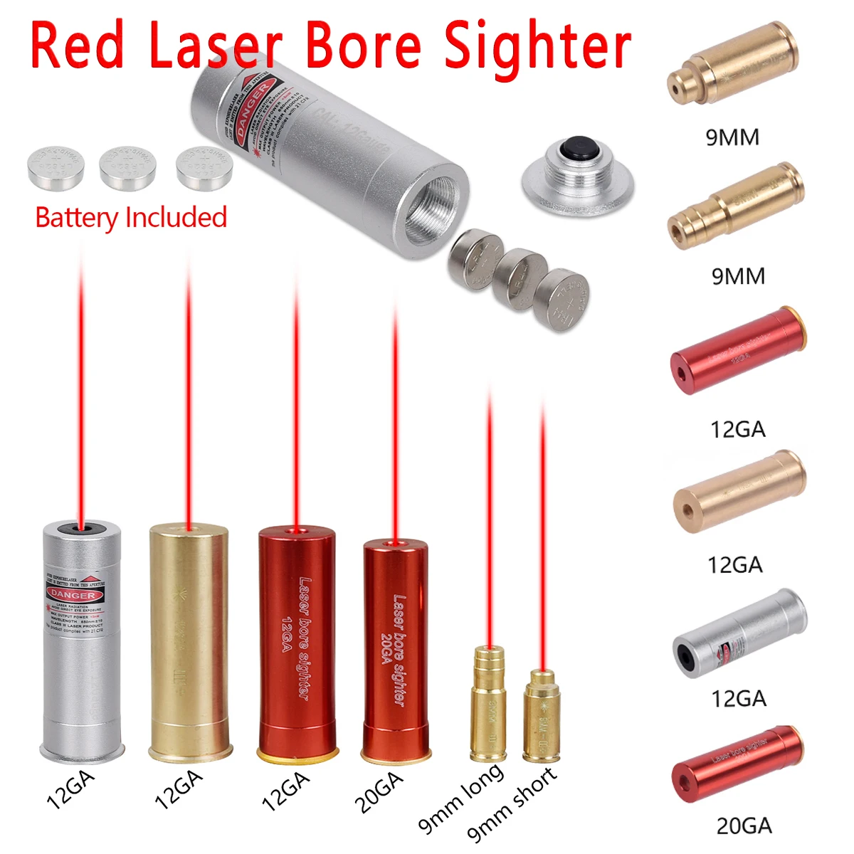 Tactical 12 Gauge Caliber Laser Bore Sight Training .22LR Long Rifle 9mm Bullet Hunting .177 .223Rem 12GA 20GA Laser Boresighter