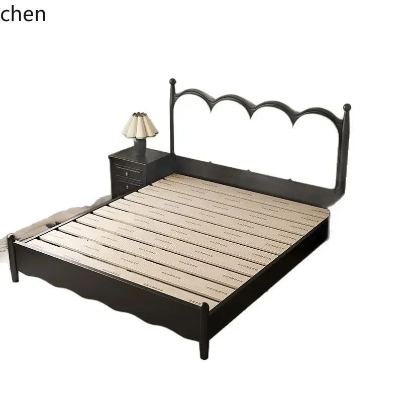 HT  Retro Solid Wood Bed Vintage Style Master Bedroom Double Bed Modern Simple Black Upholstered Bed