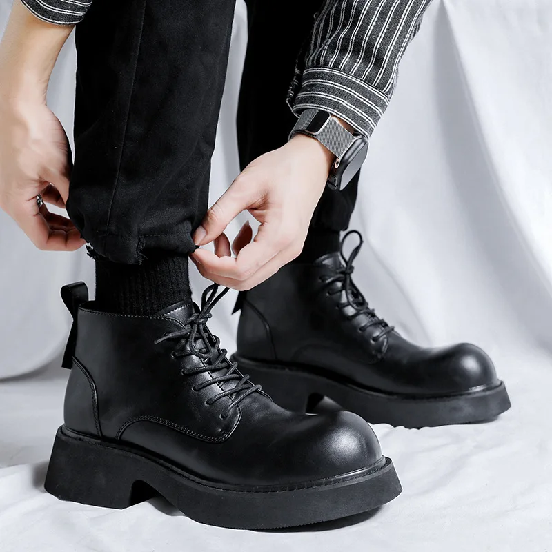 

men casual platform boots black trendy natural leather shoes business office dresses cool ankle boot spring autumn short botas