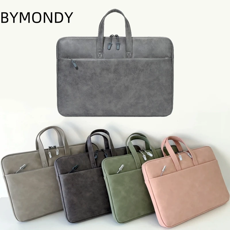 BYMONDY-maletines multiusos de 14 y 16 pulgadas para hombre y mujer, bolso de mano de piel sintética, resistente al agua, con cremallera, portátil, para negocios