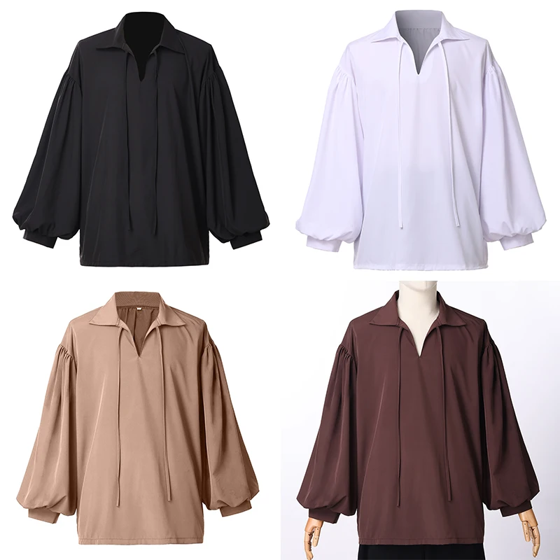 

Мужская винтажная рубашка-пуловер на шнуровке с длинным рукавом, свободная средневековая рубашка эпохи Возрождения для косплея, свободная посадка