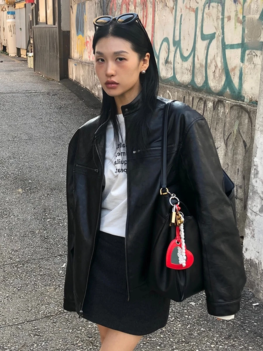 루즈핏 롱 슬리브 스탠드 칼라 가죽 재킷 여성 심플 디자인 동대문 신상 슬레 PU 가죽 코트 여성 아우터