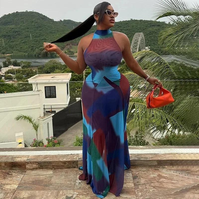 

Women's Stand Collar Sleeveless Waistband Hips Wrapped Pleated Long Dress, Gauze Spliced