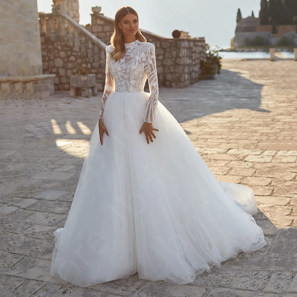 

Customized Gorgeous Ball Gown Wedding Dresses 2025 White Bridal Gowns Lace Bride Dresses Long Sleeves Wedding Gowns High Neck