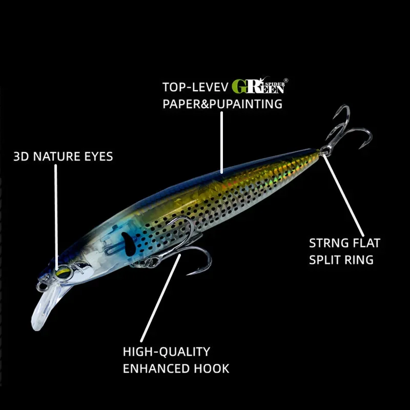 Crankbait flotante GREENSPIDER con hoja flash – Señuelo duro pececillo - imagen 3