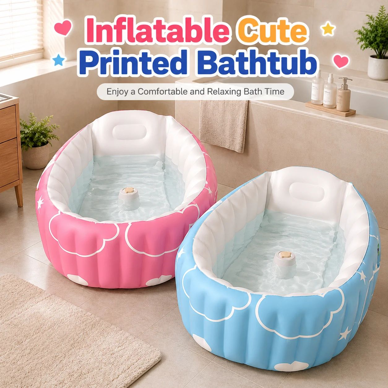 1pc Inflatable Bathtub with Built-in Air Pump, Portable Foldable Padded Bath Tub with Backrest and Side Pocket