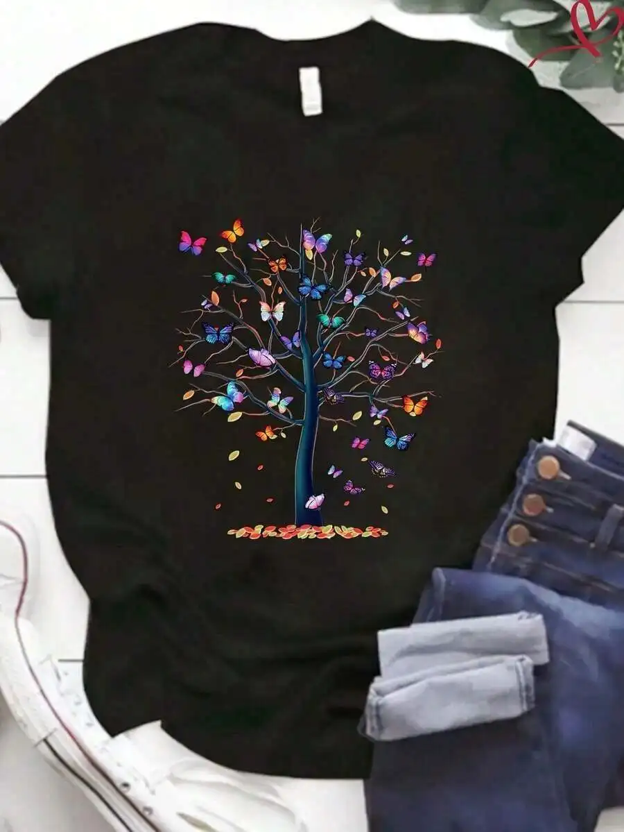 

Womens Cotton Butterfly Tree Print T-Shirt Short Sleeve Loose Crew Neck Graphic Top Summer Casual
