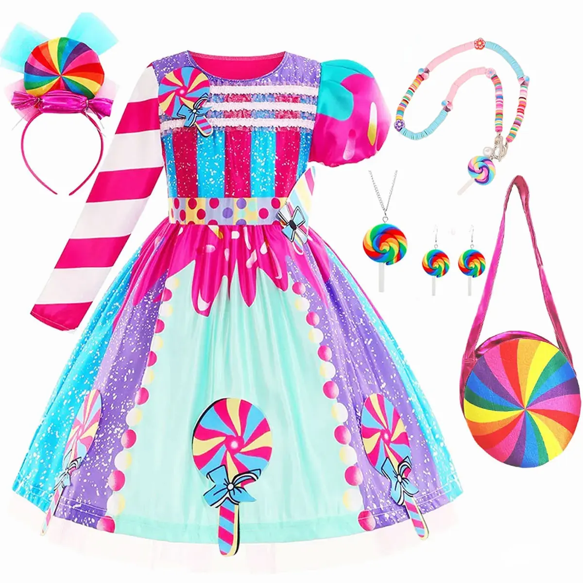 

2023 Sweet Lollipop Candy Kids Dress Carnival Party Little Girl Birthday Costume Fancy Rainbow Tutu Children Wedding Clothes