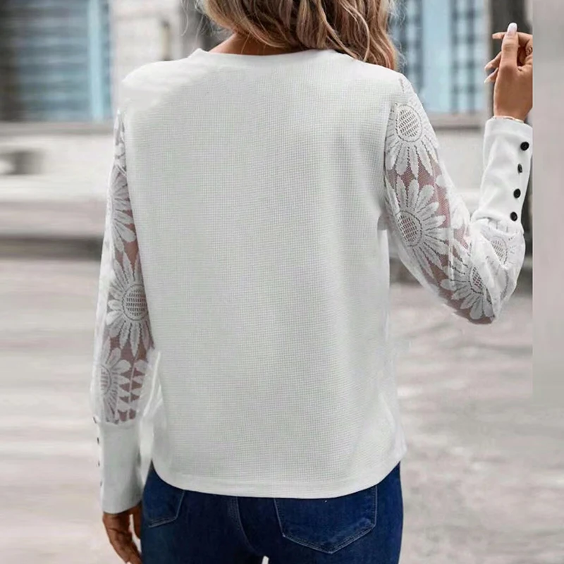 Spring Autumn Women Long Sleeve Shirt White Lace Patchwork Button T-Shirts For Women Casual Pullover Tops