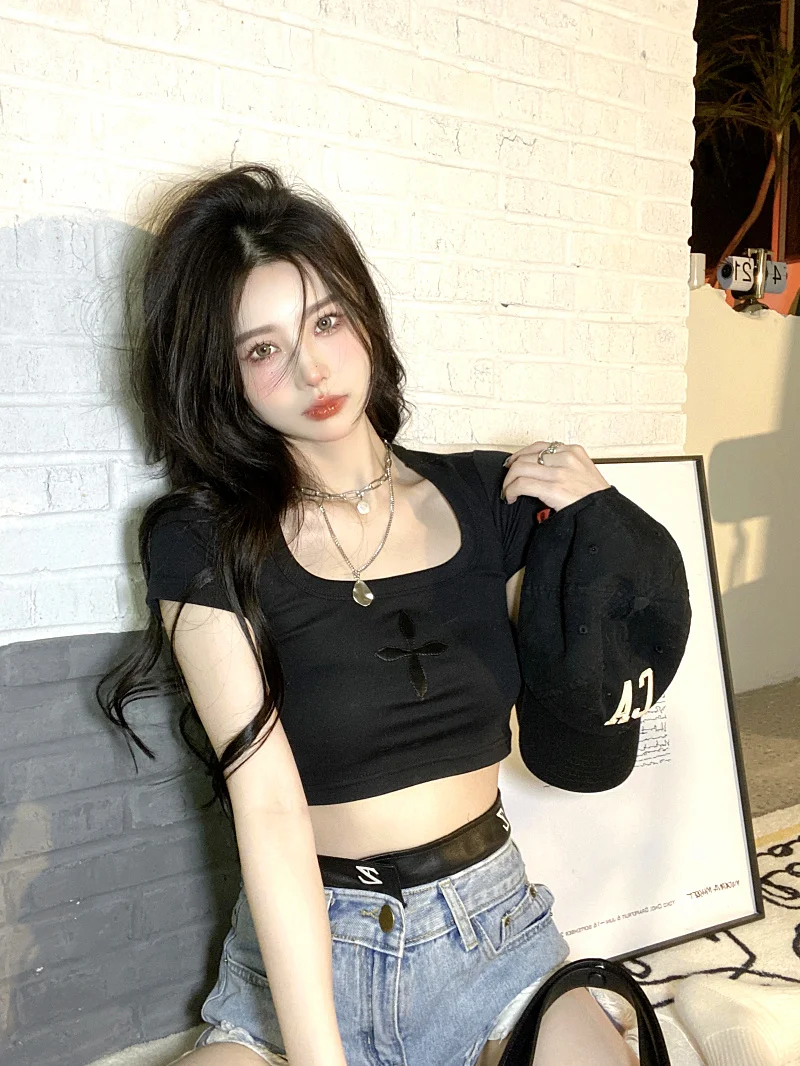 하이웨이스트 크롭탑 여성 여름 타이트핏 재즈댄스 또는 스트릿 스타일 프린트 코튼 블렌드 기하학 패턴 티셔츠