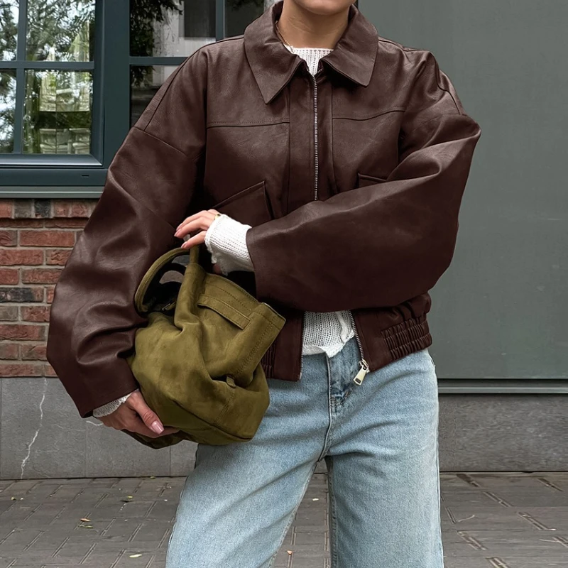 TARUXY Vintage Zipper PU Leather Jacket Women's Fashion Turn-Down Loose Long Sleeve Spliced Pocket Solid Coat Autumn Street Coat
