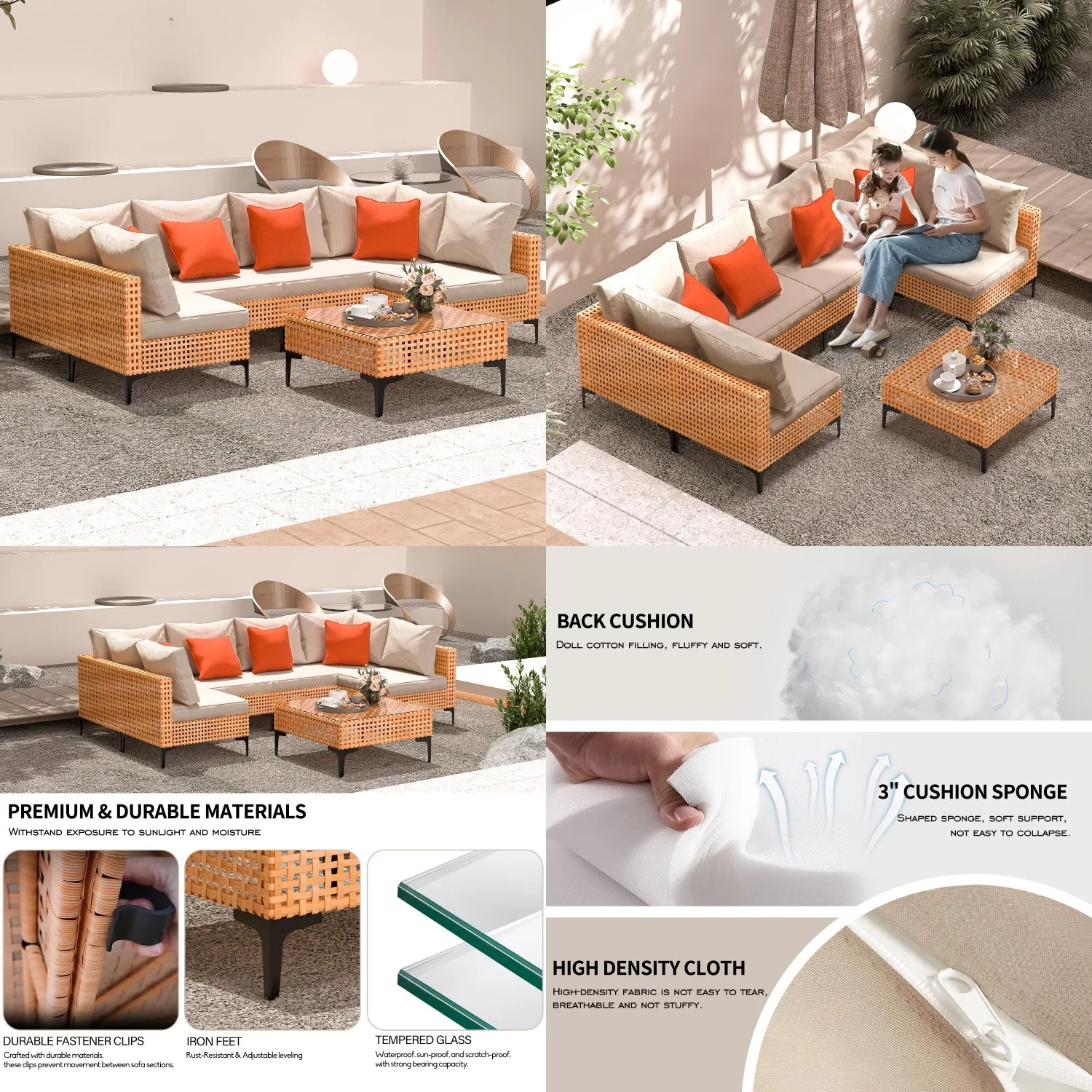 

7pc Modular Wicker Sectional Sofa Set with Cushions & Tea Table for Patio Balcony Porch Deck Yard, Customized