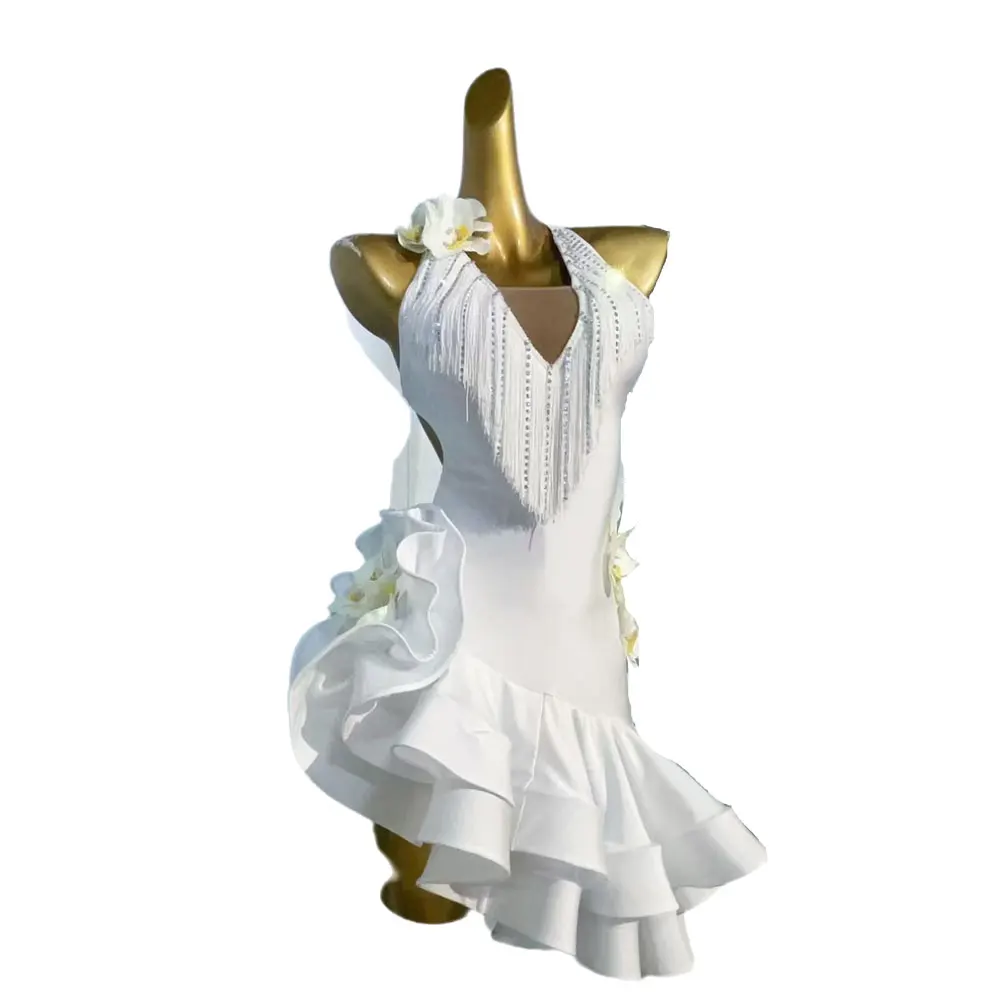 Latin Dance Rhinestone Women's High-end Custom White Flower Neck Fishbone Skirt Tango Samba Performance High Flash Dress