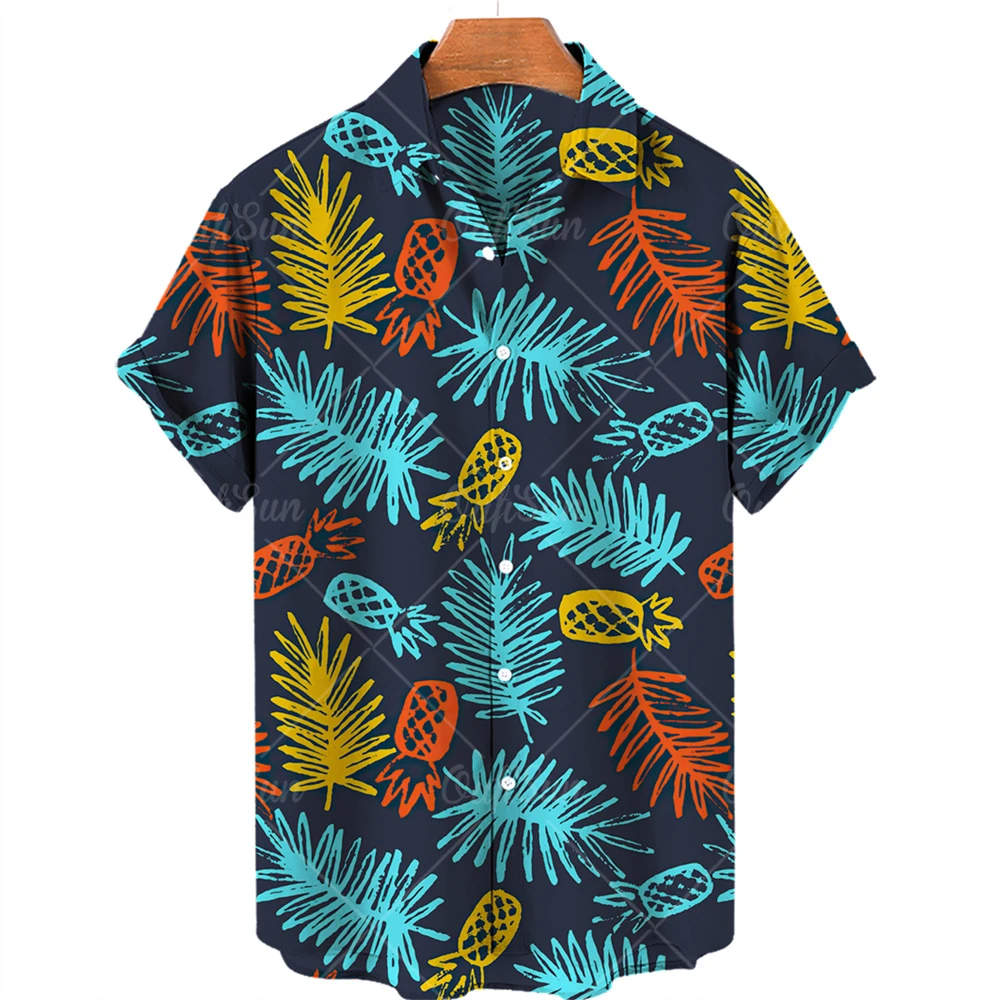 Camisas hawaianas de manga corta con estampado de frutas para hombre, Tops con patrón de piña, ropa informal de moda, camisa suelta de verano