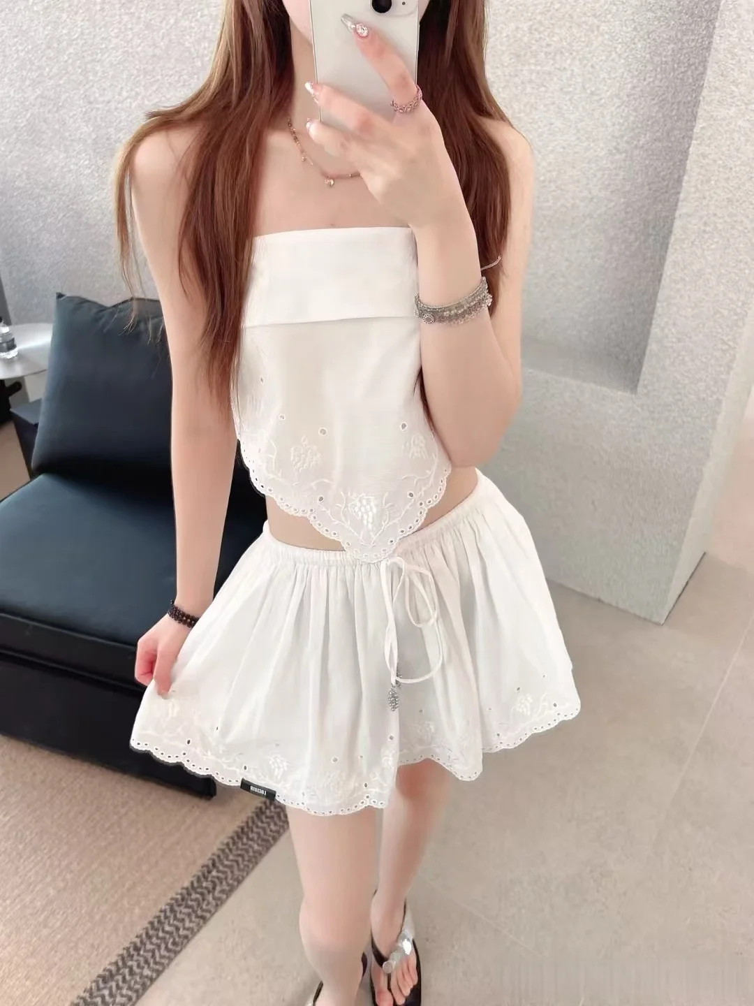 

French Chic Embroidery Bandeau Top & Skirt 2-Piece Set Women White Elegant Hot Girl Summer Streetwear