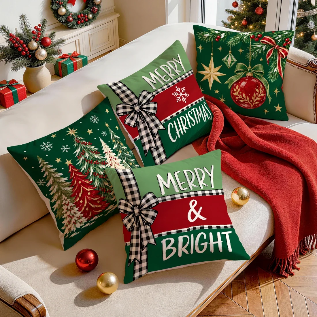 1/4pcs Vintage Green Red Christmas Cushions Pillowcase Polyester Cushion Cover Throw Pillow Pillowcover Home Car Sofa Decor