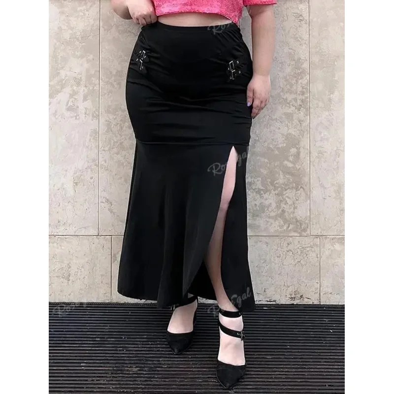 ROSEGAL Buckles Slit Bodycon Maxi Skirts Black High Waisted Flounce Pull On Skirt For Women Streetwear Sexy Split Long Skirt 5XL