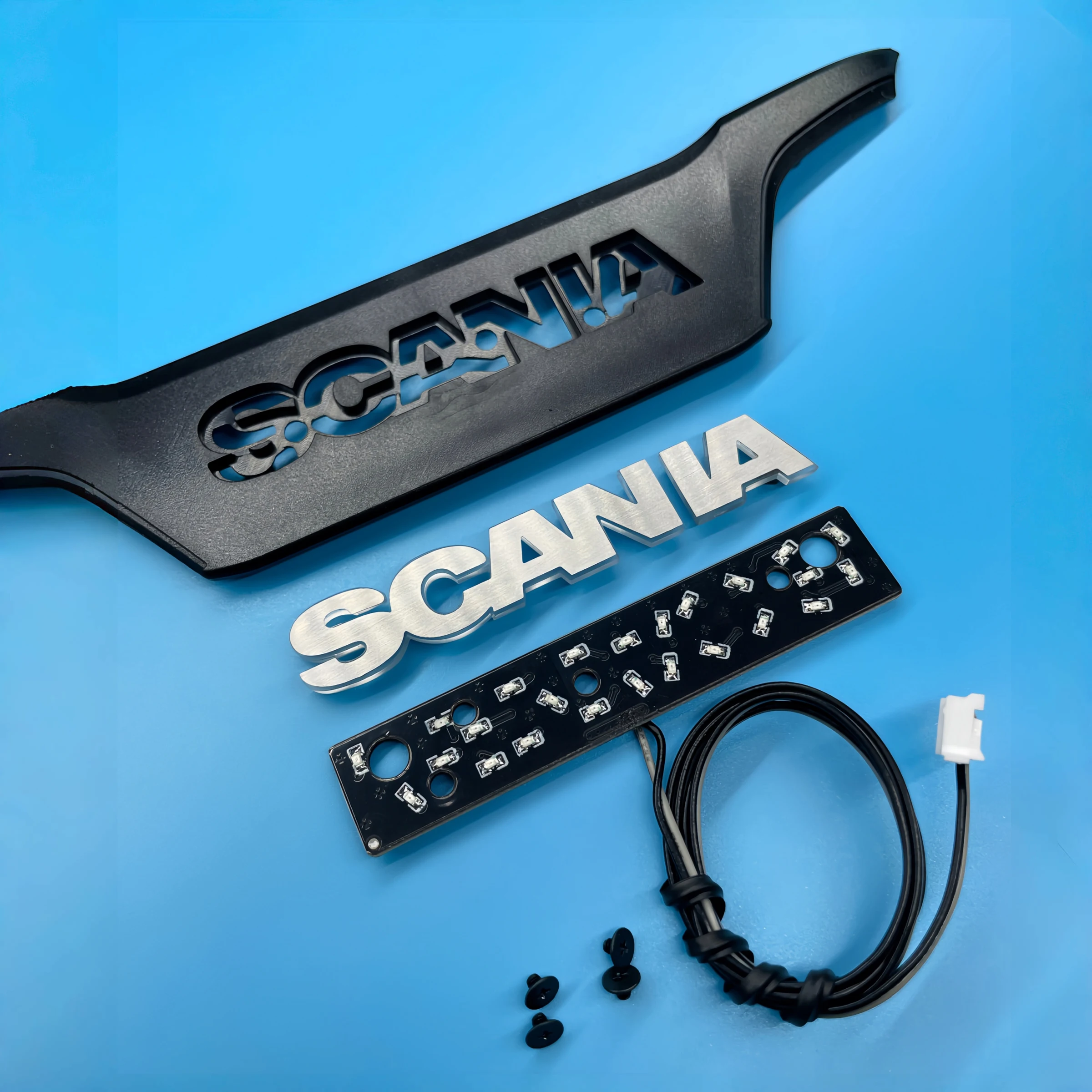 

Для тягача Tamiya Scania 770S светодиодный логотип автомобиля с подсветкой логотипа из матового металла из нержавеющей стали, набор букв