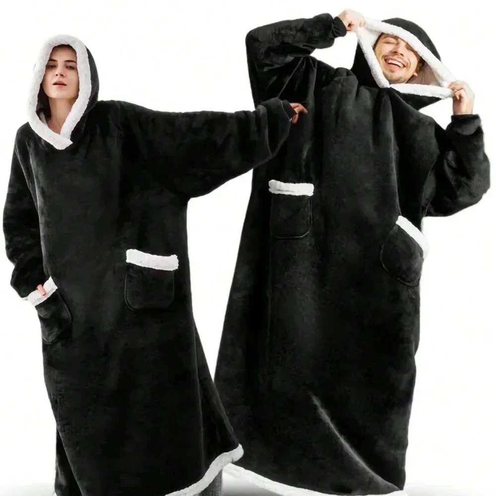 Super Long Flannel Blanket Pyjamas with Sleeves Winter Hoodies Sweatshirt for Women Men Pullover Fleece Giant Oversized Robe