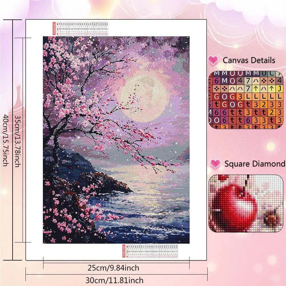 HUACAN Diamond Painting Kits Tree Moon Landscape Full Round Diamond Mosaic Home Bedroom Wall Artwork