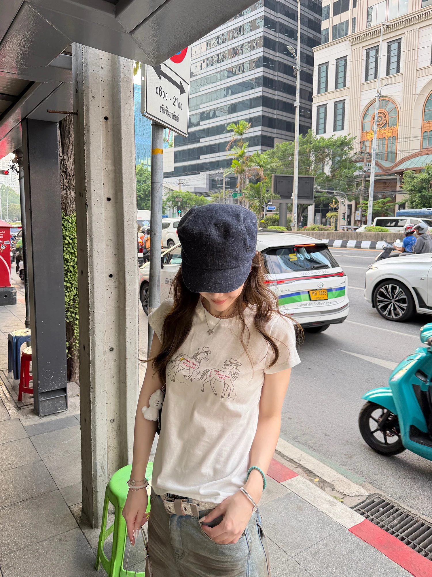 

Original Ashenonline Casual Denim Short Sleeve T-shirt Fun Pattern Slimming Shoulder Appropriate Cotton Blend Daily Wear