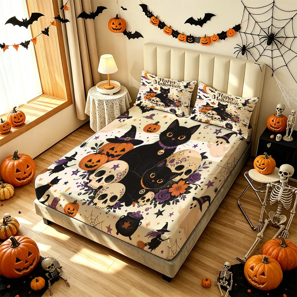 3Pcs Halloween Black Cat Skull Pumpkin Print Bedding Set, 1 Duvet Cover 2 Pillowcases, No Inner Core, Machine Washable Soft B