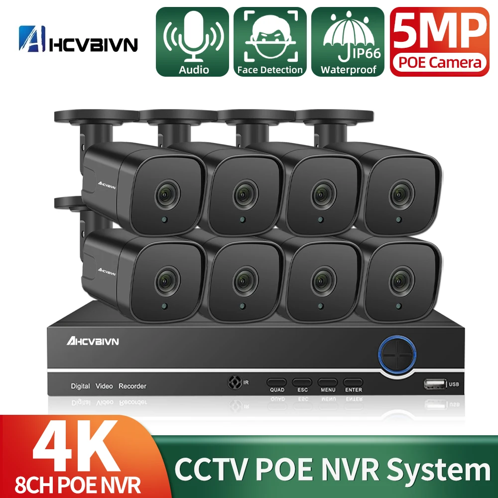 

AHCVBIVN 4K POE NVR 8CH 4CH 5MP POE Camera System 5mp Motion Detection Audio IP Camera Outdoor Security Video Surveillance Cam