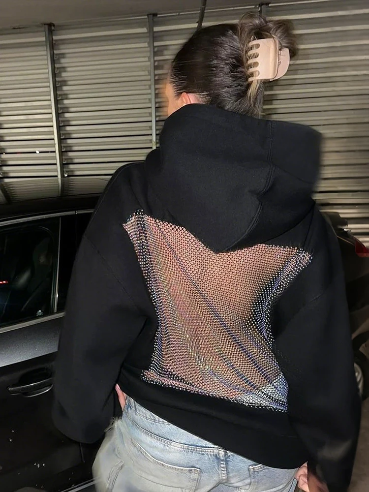 

Kliou Sexy See Through Backless Hooded Pullover Woman Autumn Trend Mesh Patchwork Full Hot Girls Sleeve High Street Style Tops