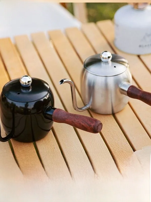 Cafetera Portátil de Acero Inoxidable 304 con Asa de Madera, Estilo Japonés Retro para Camping y Aire Libre