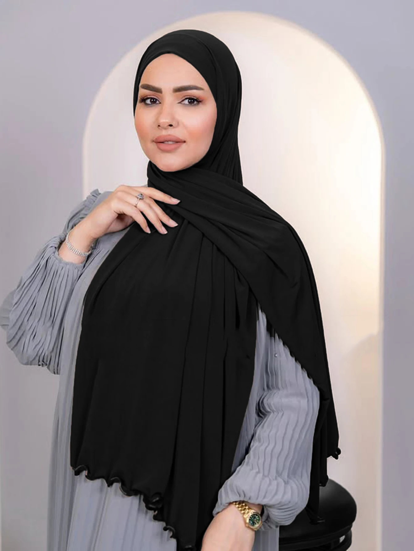 Stylish Elastic Curved Edge Solid Color Muslim Hijab Scarf Black Fungus Edge Shawl Soft Turban Islamic Headwraps image 3
