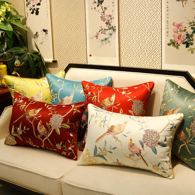 Flora Birds Embroidery Pillows Luxury Satine Cushion Case Art Chinese Decorative Pillow Cover For Sofa Chair Home Decorations